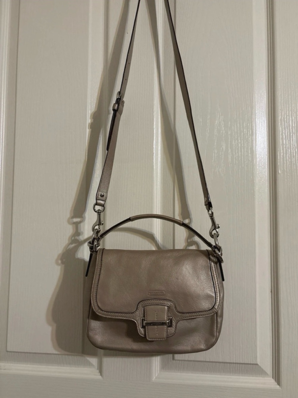Coach Taupe Leather Flap Crossbody with Buckle